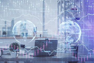 Fototapeta na wymiar Double exposure of stock market graph drawing and office interior background. Concept of financial analysis.