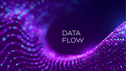 Data flow wave in abstract style on purple background. Multithreading technology vector. Bigdata twisting innovation background