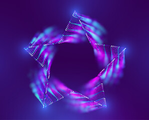 Star vector neon frame. Twisted star frame with trail and fog background. Spin superstar plume. Particle vortex.