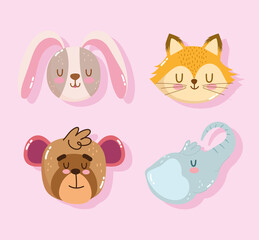 cute cartoon animal face adorable little elephant fox rabbit and monkey
