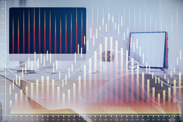 Multi exposure of stock market chart drawing and office interior background. Concept of financial analysis.