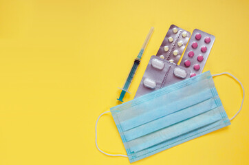 Pharmacy business and financial speculations with medicine selling. Pills, syringe, medical mask...