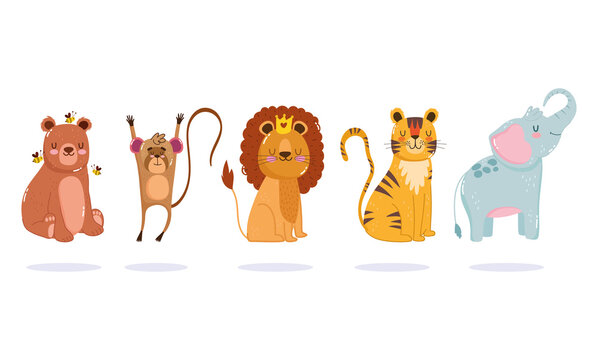 cute cartoon animal adorable little lion tiger bear moneky elephant
