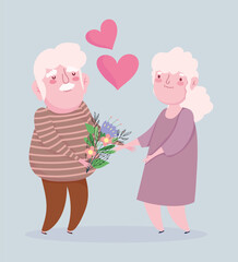 happy grandparents day, grandfather and grandmother with flowers lovely cartoon card