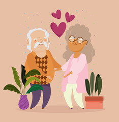 happy grandparents day, old couple with plants in pot and hearts cartoon card