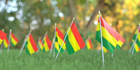 Small National flags of Bolivia in the grass. Celebration related 3D rendering