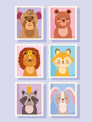 cute animals cartoon postage mail stamps lion fox bear rabbit and raccoon