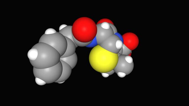 Animated 3D model of antibiotic penicillin G, space fill model, black background