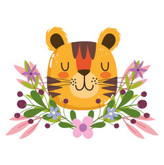 cute tiger head animal flowers foliage nature decoration cartoon