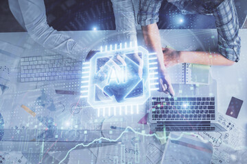 Double exposure of man and woman working together and data theme hologram drawing. Computer background. Top View.
