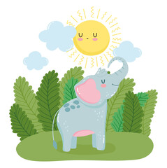 little elephant sun grass leaves nature wild cartoon