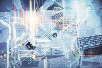 Double exposure of man and woman working together and world map hologram drawing. international network concept. Computer background. Top View.