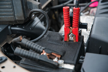 Fototapeta na wymiar clamp on battery terminal at shallow depth of field