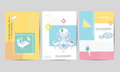 Brochure template layout design. Corporate Business Flyer. Isometric Effective time management. Business people plans and organizes working time, deals deadlines, achieve goals.