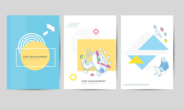 Brochure template layout design. Corporate Business Flyer. Isometric Effective time management. Business people plans and organizes working time, deals deadlines, achieve goals.