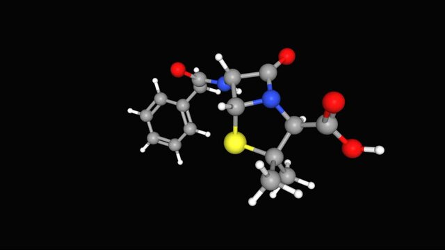 Animated rotating 3D model of antibiotic penicillin G, ball-and-stick model, black background