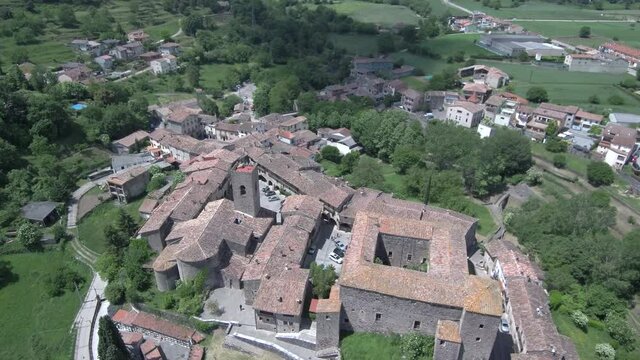 Aerial view of beautiful village in the mountains. Drone Footage
