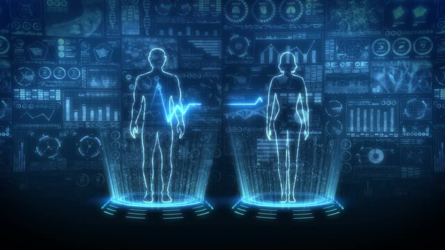 Man and woman virtual body. Human medical hologram animation. Graph, Diagram, Info graphic. Medicine and health care concept. High tech future loop animation.