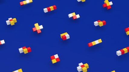 Group of geometric shapes, colorful cubes. Blue background. Abstract illustration, 3d render.