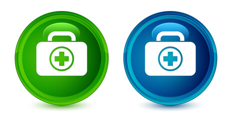 First aid kit icon artistic shiny glossy blue and green round button set