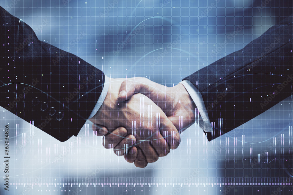 Poster double exposure of forex graph hologram and handshake of two men. stock market concept.