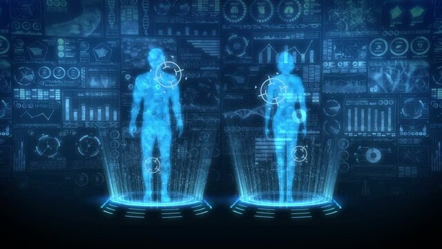 Man and woman virtual body. Human medical hologram animation. Graph, Diagram, Info graphic. Medicine and health care concept. High tech future loop animation.