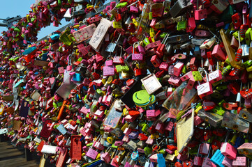 close up of locks on railing