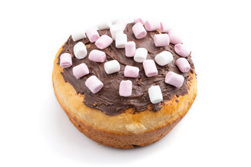 Homemade glazed and decorated chocolate easter pie isolated on a white background. Side view.