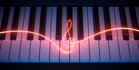 Foto op Plexiglas Luminous treble clef on piano keys. © Negro Elkha