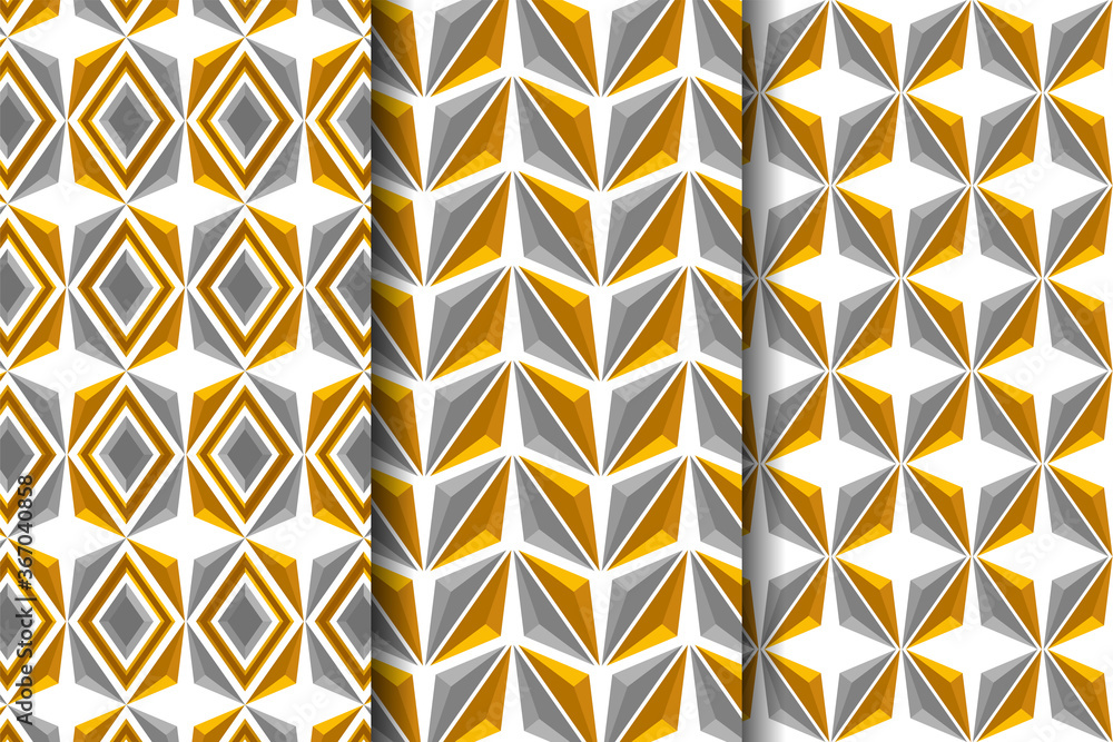Poster 3d tiles gray rhombuses and matte gold triangles with gold decor sphere elements. high quality seaml