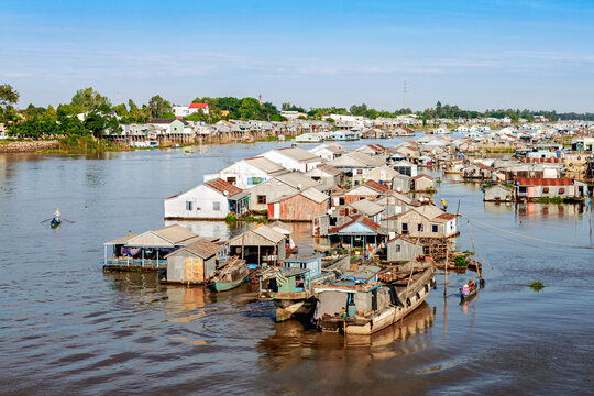 Rafting and aquaculture village on Chau Doc river, Vietnam.