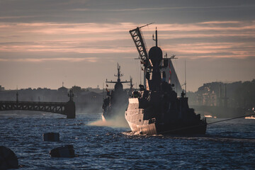 View of Russian Navy, modern russian military naval battleships warships in the row, northern fleet and baltic sea fleet, summer sunny day during the military exercise