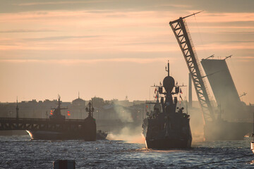 View of Russian Navy, modern russian military naval battleships warships in the row, northern fleet...