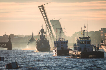 View of Russian Navy, modern russian military naval battleships warships in the row, northern fleet...