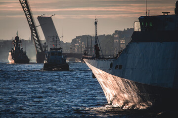 View of Russian Navy, modern russian military naval battleships warships in the row, northern fleet...