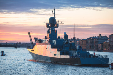 View of Russian Navy, modern russian military naval battleships warships in the row, northern fleet...
