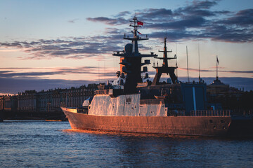 View of Russian Navy, modern russian military naval battleships warships in the row, northern fleet...