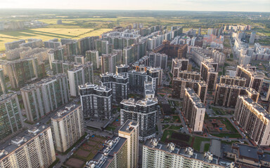 Aerial drone view of Murino city skyline panorama, Saint-Petersburg outskirts, Leningrad oblast...