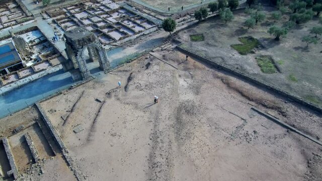 Aerial view in roman ruins. Drone Footage