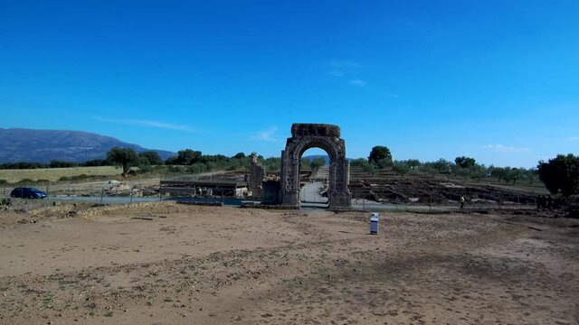 Aerial view in roman ruins. Drone Footage