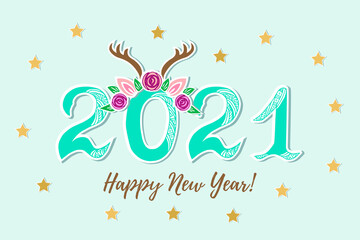 Vector Illustration 2021 with Deer Tiara as Happy New Year card, party invitation, postcard motive, Merry Christmas card, banner.