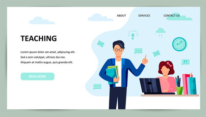 Male teacher with book and student is studing on computer. Place for text. Flat cartoon style design vector illustration.
