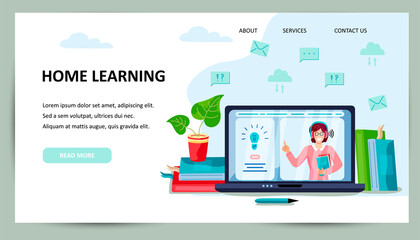 Online education, home schooling concept. Smiling teacher on laptop screen. Place for text. Website design. Flat cartoon style design vector illustration.