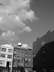 New York City buildings, rooftops and clouds in black and white, 