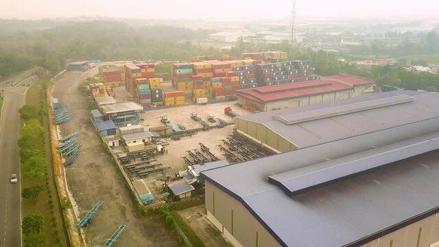 Aerial shot of container yard on hazy day Johor Malaysia