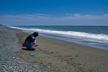 海, 海岸, 女性,波, 浜, 砂, 水, 白波, 空, 青
