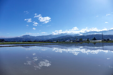 水が取り入れられた水田 田植え前の状態 長野県松本市