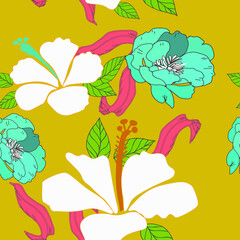 Seamless Vector Hibiscus Colorful Hawaiian with Yellow background design Pattern. Great for Fabrics, Scrap booking, bullet journal, textiles, blankets, pillows, cover,
