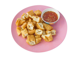 Top view of fried Tofu on a white background