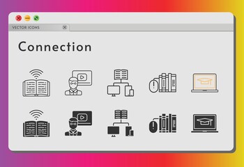 connection icon set. included teacher, books, student-laptop, book, book (1), school (2) icons on white background. linear, filled styles.
